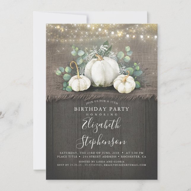White Pumpkins Rustic Country Fall Birthday Invitation (Front)