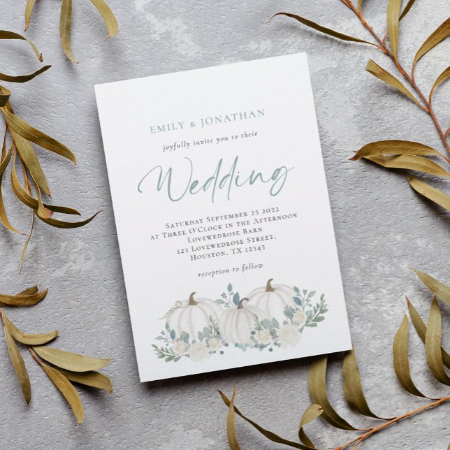White Pumpkins Teal Foliage Wedding Invitation (Creator Uploaded)