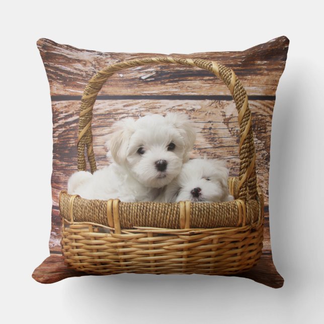 White Puppies In A Basket Cushion (Front)