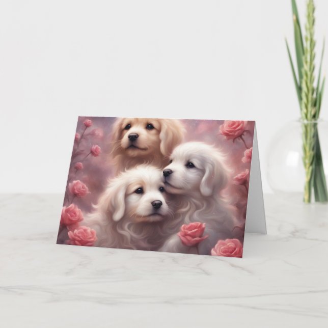 White Puppies Pink Roses Valentines Day Card (Front)