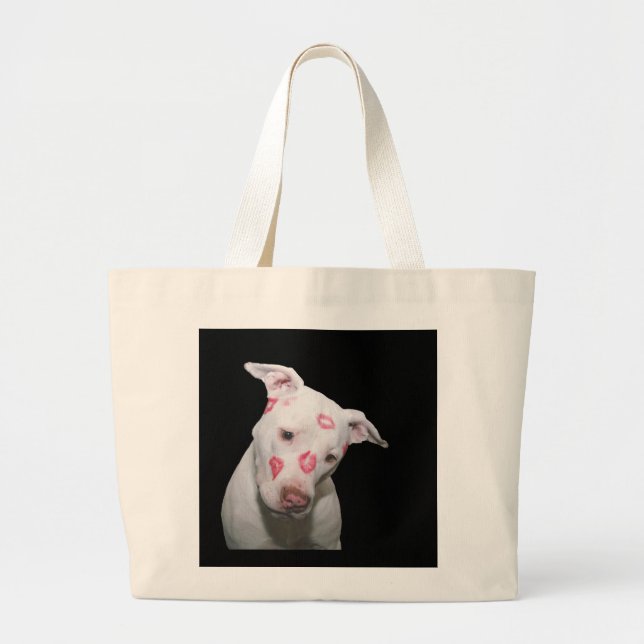 White Puppy Dog Love, Sealed with Lipstick Kisses Large Tote Bag (Front)