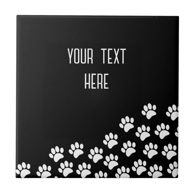 White Puppy Paw Prints With Custom Text Black  Tile (Front)