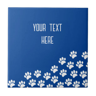 White Puppy Paw Prints With Custom Text Blue Tile