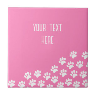 White Puppy Paw Prints With Custom Text Pink Tile