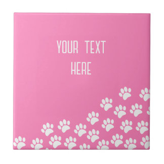 White Puppy Paw Prints With Custom Text Pink Tile