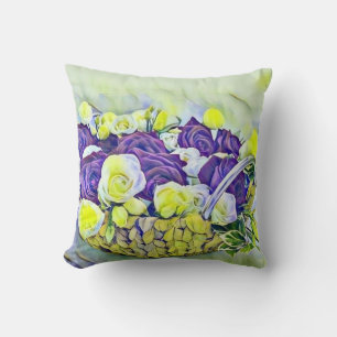 White Purple Basket of Roses Watercolor Painting  Cushion