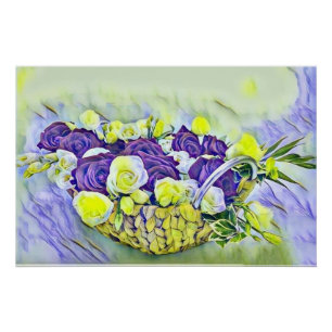 White Purple Basket of Roses Watercolor Painting Poster