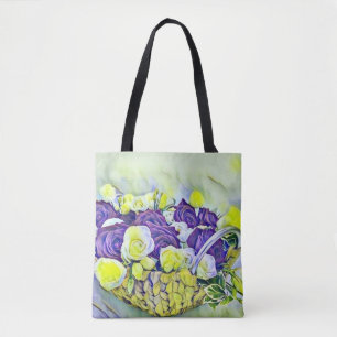 White Purple Basket of Roses Watercolor Painting Tote Bag