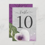 White Purple Calla Lily Wedding Table Number Cards<br><div class="desc">Create your white and purple calla lily wedding table number cards using a modern watercolor DIY template that is easy to use. The elegant design features a beautiful white and purple calla lily flower in the shape of a heart with a gold stamen. A graceful greenery leaf, calla lily bouquet...</div>