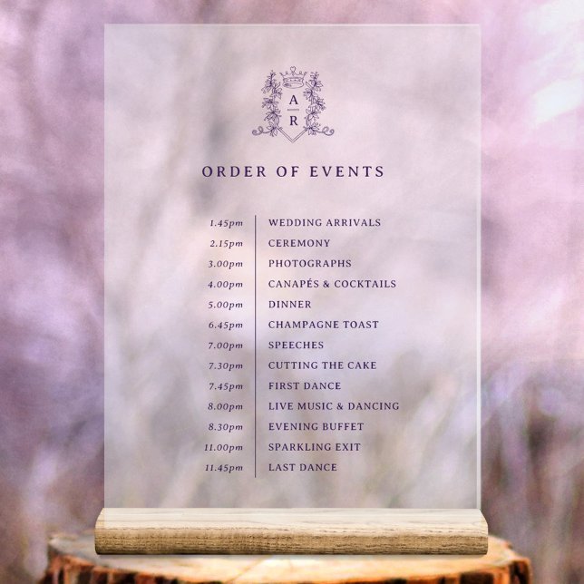White purple crown monogram order events wedding acrylic sign (Creator Uploaded)