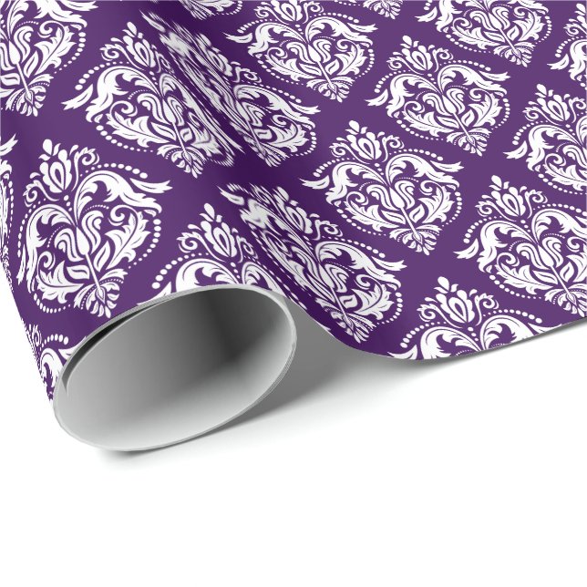 White & Purple Floral Damasks Geometric Pattern Wrapping Paper (Roll Corner)