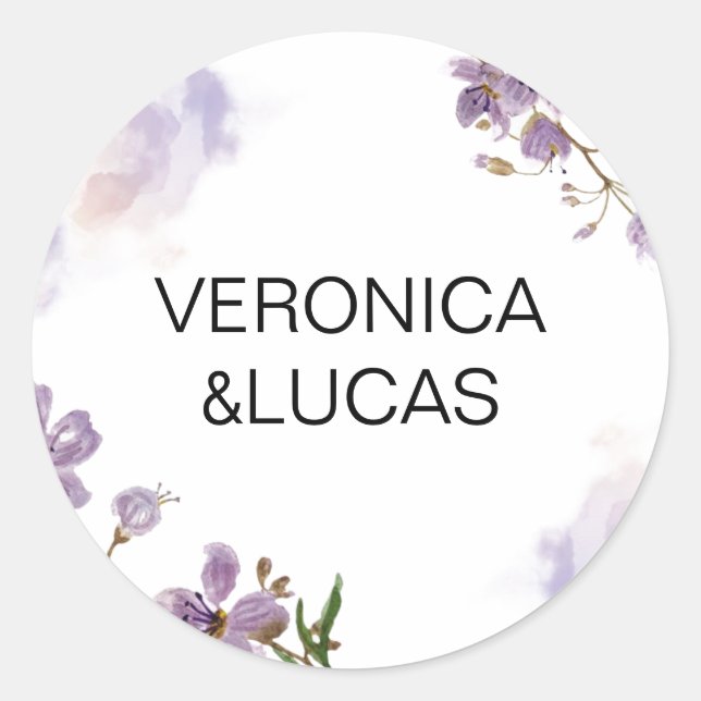 White Purple Floral Wedding Classic Round Sticker (Front)