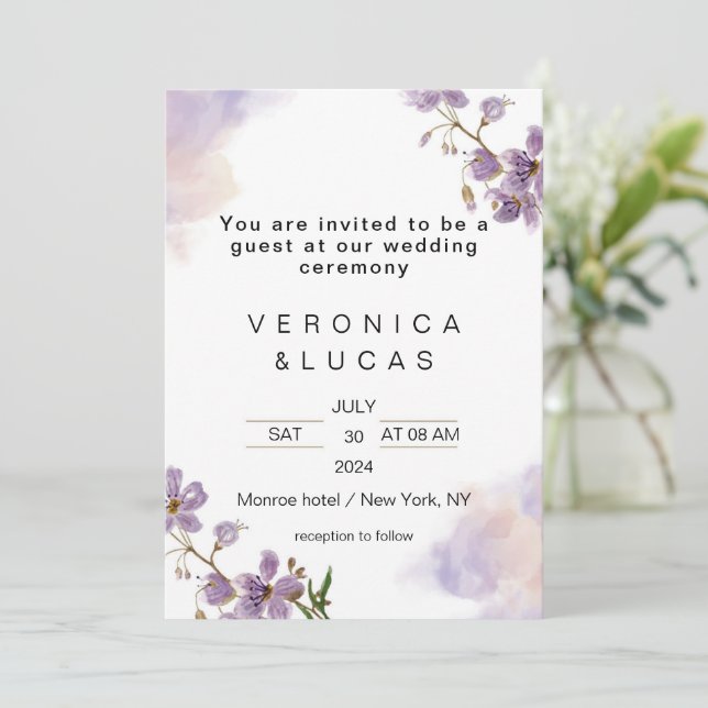 White Purple Floral Wedding Invitation (Standing Front)