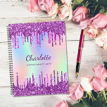 White purple glitter drips pink monogram 2023 planner<br><div class="desc">A rainbow,  unicorn colored holographic background.  Decorated with faux glitter drips in purple and pink.  Personalize and add a name,   purple colored letters and your text on the spine.  Perfect for school,  work,  family,  back to school.  The name is written with a modern hand lettered style script.</div>
