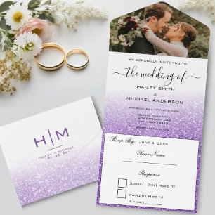 White & Purple Glitter Ombre Modern Photo Wedding All In One Invitation