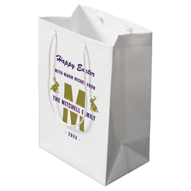 White Purple Gold Monogram Name Happy Easter Bunny Medium Gift Bag (Back Angled)
