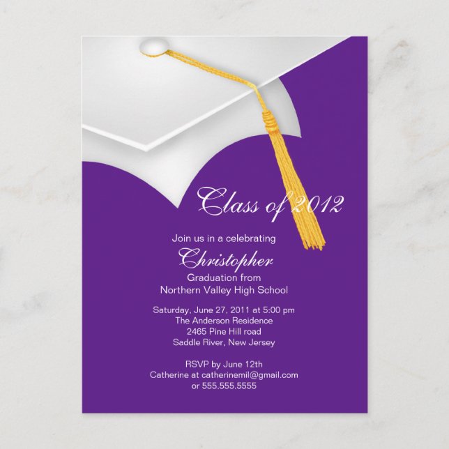 White Purple Grad Cap Graduation Party Invitation Postcard (Front)