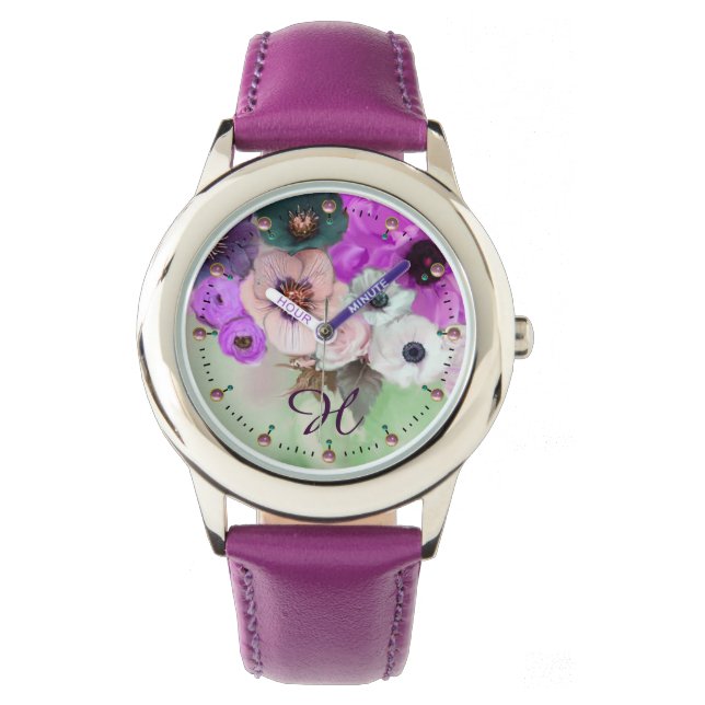 WHITE PURPLE GREEN ROSES,ANEMONE FLOWERS MONOGRAM WATCH (Front)