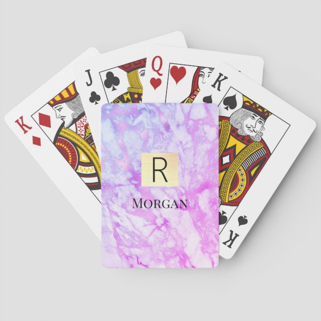 White & Purple Marble Gold Box, Name & Monogram Playing Cards (Back)