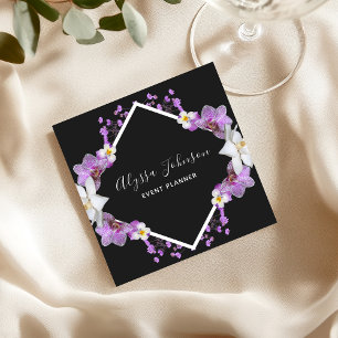 White & Purple Orchid Frame Floral Event Planner Square Business Card