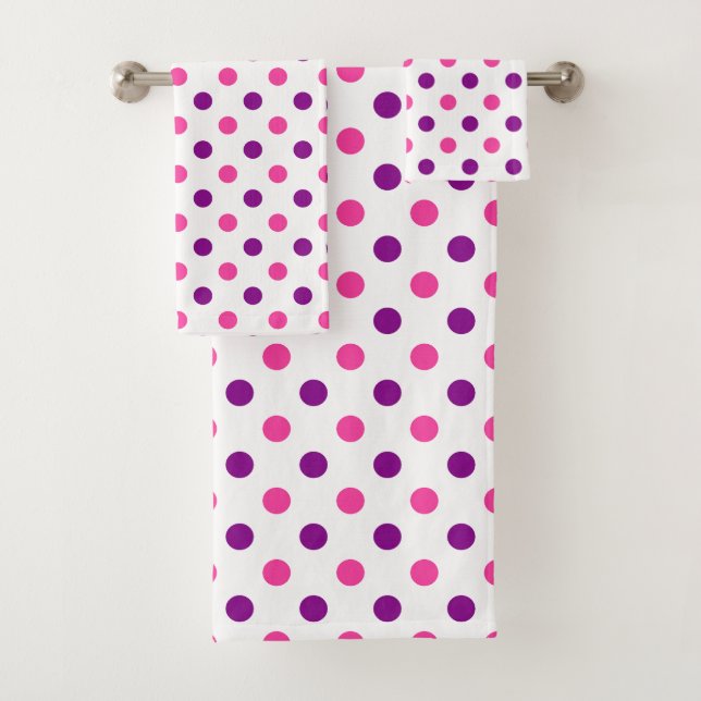White Purple Pink Polka Dots Pattern  Bath Towel Set (Insitu)