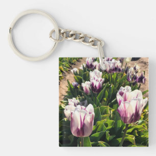 White & Purple Stripe Tulips Key Ring