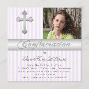 White Purple Stripes Confirmation Photo Invitation
