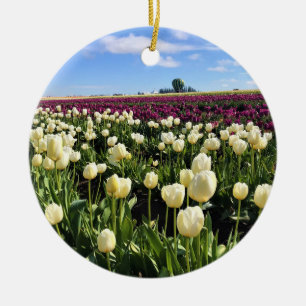 White & Purple Tulip Field with Hot Air Balloon Ceramic Tree Decoration