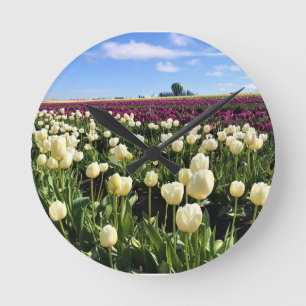 White & Purple Tulip Field with Hot Air Balloon Round Clock