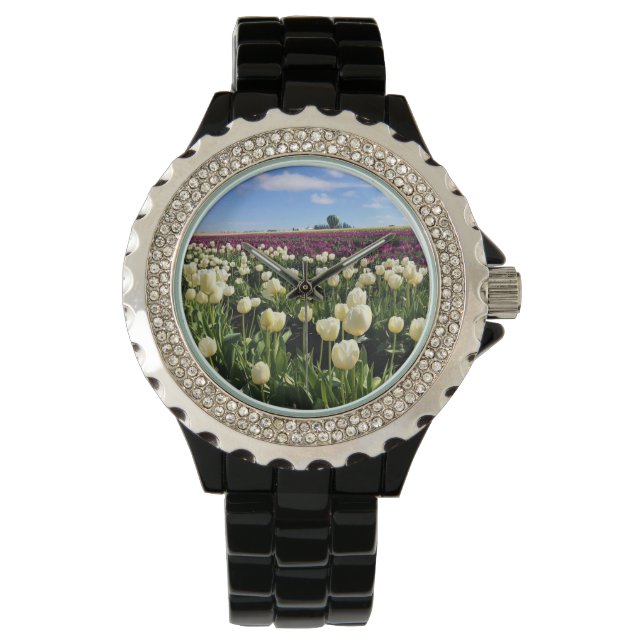 White & Purple Tulip Field with Hot Air Balloon Watch (Front)
