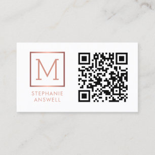 White QR Code Logo Monogram Rose Gold Business Card