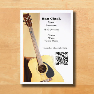 White QR Code Music Teacher Acoustic Guitar Business Card