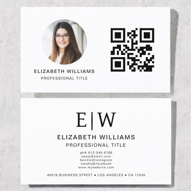 White QR Code Photo Monogram Minimalist Business Card (Creator Uploaded)