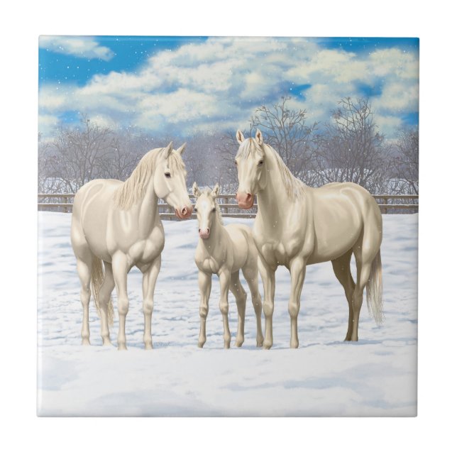 White Quarter Horses In Snow Tile (Front)