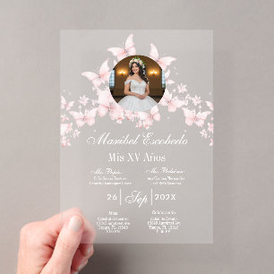 White quinceañera with picture invitation