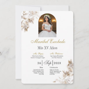 White quinceañera with picture invitation