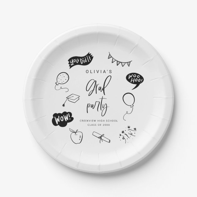 White Quirky Grad Icons Graduation Party Paper Plate (Front)
