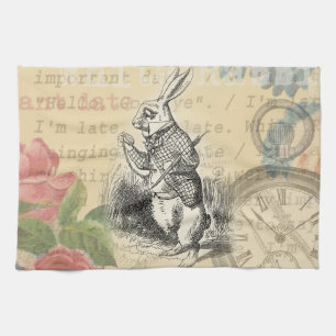 White Rabbit Alice Adventures Wonderland Art Tea Towel