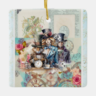 White Rabbit, Alice and Mad Hatter Ceramic Ornament