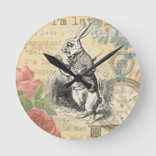 White Rabbit Alice in Wonderland Art Round Clock