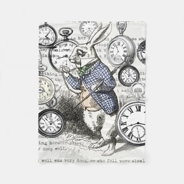 White Rabbit Alice in Wonderland Clocks Fleece Blanket (Front)