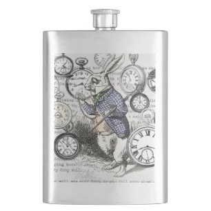 White Rabbit Alice in Wonderland Clocks Hip Flask