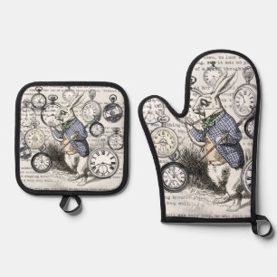 White Rabbit Alice in Wonderland Clocks Oven Mitt & Pot Holder Set