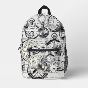 White Rabbit Alice in Wonderland Clocks Printed Backpack
