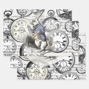 White Rabbit Alice in Wonderland Clocks Wrapping Paper Sheet