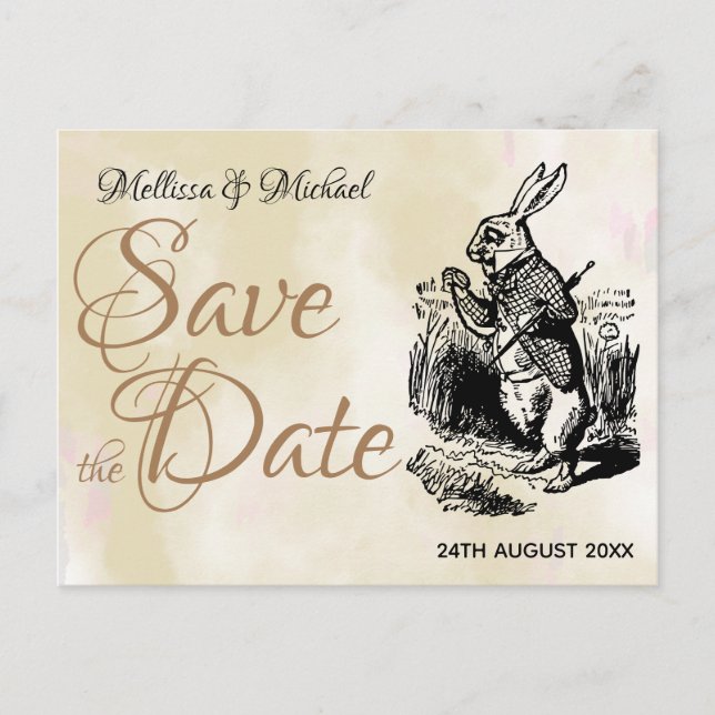 White Rabbit Alice in Wonderland Save the Date Postcard (Front)