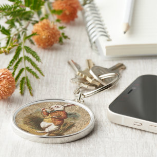 White Rabbit Alice in Wonderland Vintage Art Key Ring