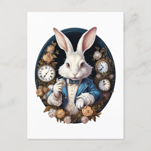 White Rabbit Alice in Wonderland Watches and roses Postcard