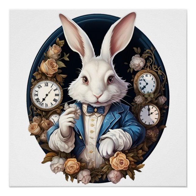 White Rabbit Alice in Wonderland Watches and roses Poster (Front)