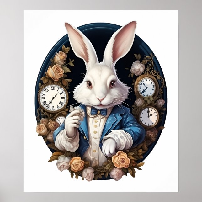 White Rabbit Alice in Wonderland Watches and roses Poster (Front)